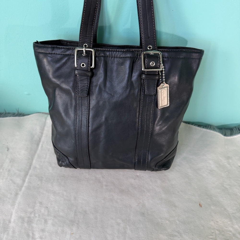 Coach Black Leather Tote with Tag and Buckle Straps